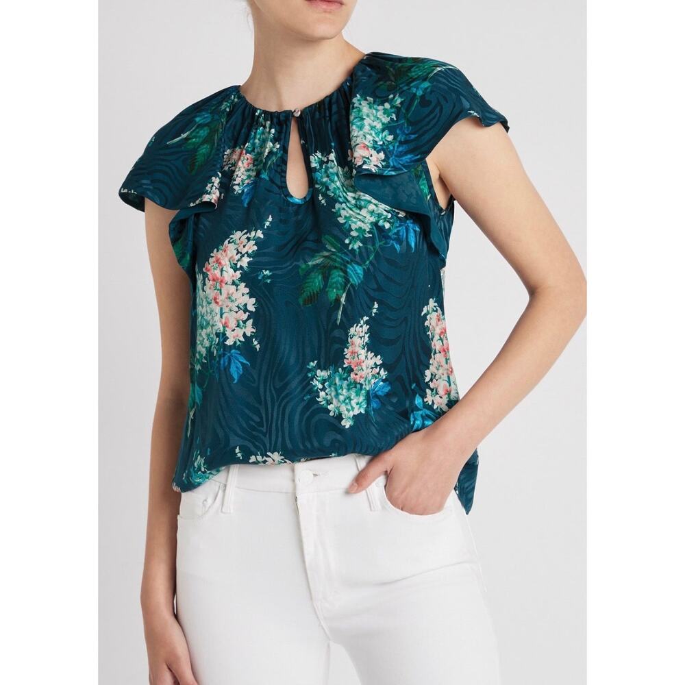 Rebecca Taylor Silk Blend Hydrangea Floral Ruffle Blouse Teal Blue Medium